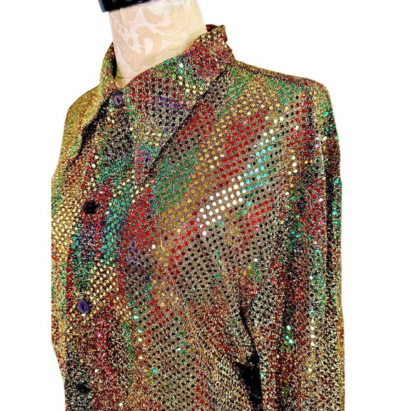 Vintage Gold Lame Sequin Disco Button Down Blouse - Picture 8 of 12